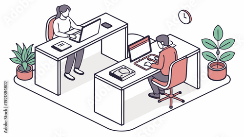 Two Focused Coworkers Typing on Computers in Modern Isometric Office Cubicles for Productivity and Remote Work Design