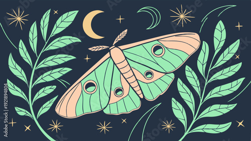 Mystical Luna Moth Illustration with Moon and Botanical Leaves for Witchcraft Tarot Branding Occult Design Projects