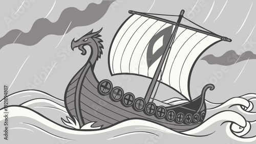 Viking Longship Dragon Head Sailing Through Stormy Seas for Historical Adventure Book Cover Design