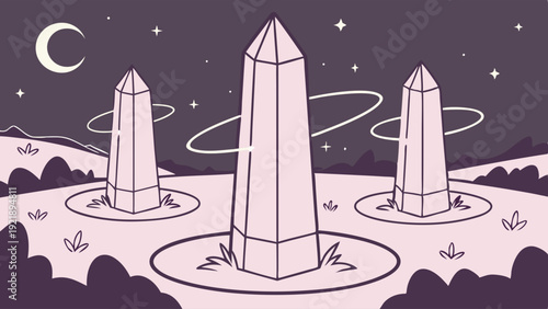 Mystical Crystal Monoliths Under Night Sky for Fantasy Game UI or Spiritual Website Design