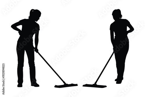 Two Women Silhouettes Mopping Floor Together House Cleaning Service Concept