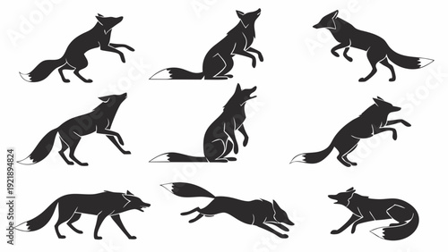 Black Silhouette Fox Poses Set Dynamic Wildlife Iconography for Nature Design Projects and Animal Themed Websites