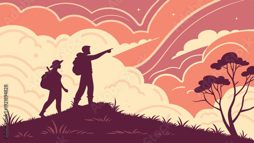 Father and Child Hiking Silhouette Pointing to Sunset Sky Adventure Travel Guiding Family Journey Outdoor Exploration