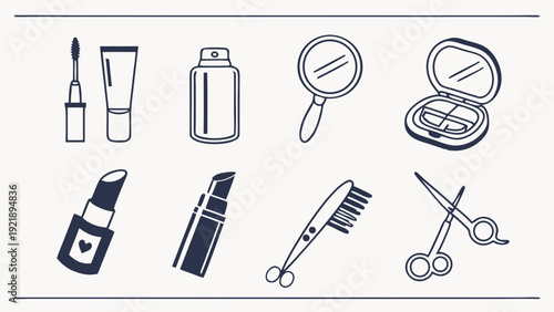 Beauty Essentials Icon Set Makeup Cosmetics Mirror Comb Scissors for Salon Web Design or Retail Promotion