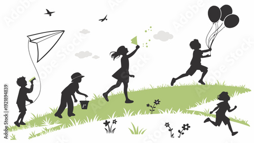 Joyful Children Silhouettes Playing Outdoors Flying Kites Running with Balloons for Summer Vacation or Childhood Education Promotion
