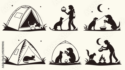 Camping Pets Adventure Set Happy Dog Cat Tents Outdoor Night Wildlife Illustration for Travel Guides