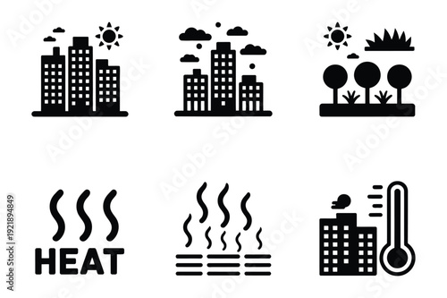 Urban Heat Island Effect Icons Set: Buildings Sun Trees Temperature Heat Waves