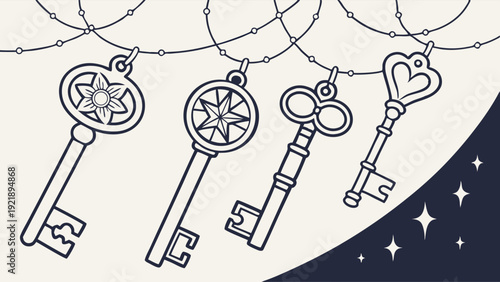 Mystical Antique Keys Hanging on String for Secret Access Magic Unlock Opportunity Design Element