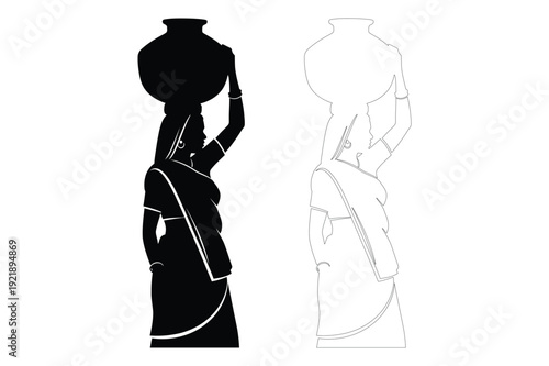 Foto Woman Carrying Water Pot on Head Silhouette & Outline Traditional Clothing Daily
