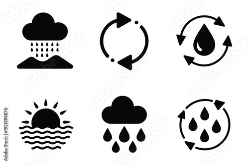 Weather and Water Cycle Icons: Sun Rain Clouds and Recycling Arrows