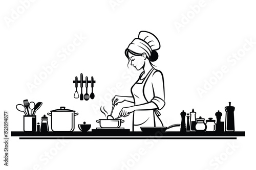 Woman Chef Cooking in Kitchen with Utensils and Pots Stock Illustration