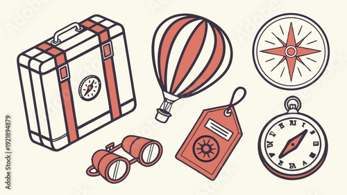 Vintage Travel Adventure Icons Set Luggage Compass Hot Air Balloon for Vacation Tourism Web Design