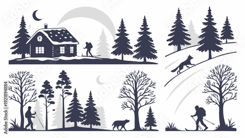 Winter Cabin Scene with Cross Country Skiers and Forest Silhouettes for Holiday Travel and Outdoor Adventure Design