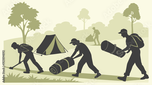 Outdoor Adventure Team Packing Up Camp After Summer Camping Trip Preparing for Hike