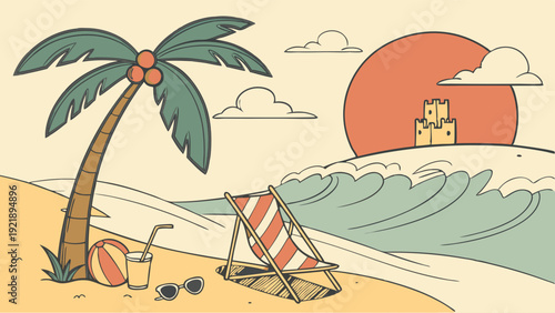 Tropical Beach Vacation Scene with Palm Tree Deck Chair and Ocean Waves for Summer Travel Advertising
