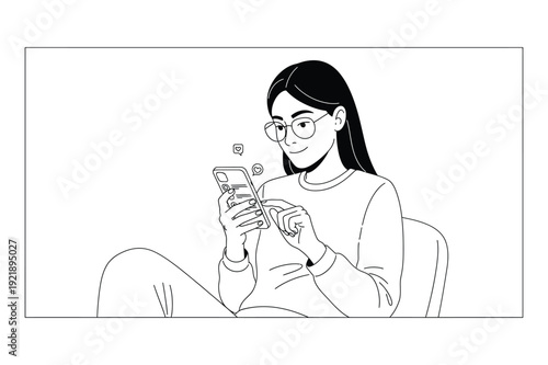 Woman Wearing Glasses Texting on Smartphone with Social Media Icons Line Art Style