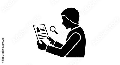 Person examining a resume with a magnifying glass.