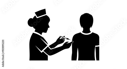 Nurse administering injection to patient silhouette.