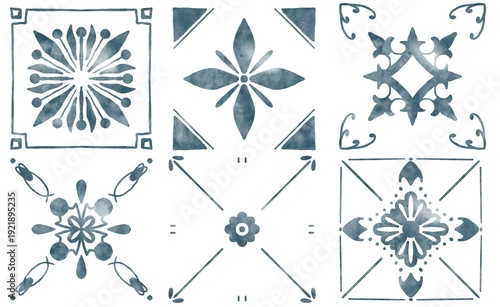 Watercolor Blue Decorative Tile Pattern Set