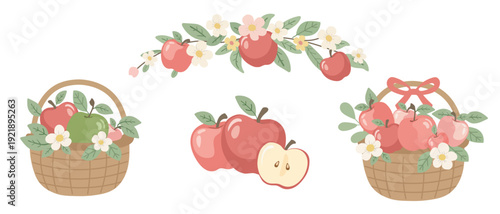 Wooden baskets full of fresh apples with leaves, flowers, and a pink ribbon. Hand drawn vector illustration of autumn harvest in organic sketchy style