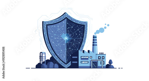 A large dark blue polygonal shield with interconnected dots and glowing light rays stands protectively beside a modern industrial factory emitting smoke.