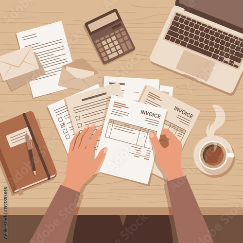 Invoice review admin desk paperwork finance textured flat vector accounting workflow concept