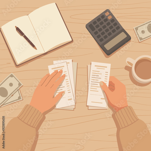 Monthly expense review finance desk receipts notebook textured flat vector budgeting analysis concept