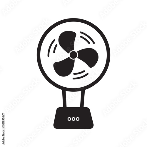 Black silhouette illustration of a standing electric table fan with rotating blades. Isolated on a light background, ideal for cooling appliances, summer concepts, home electronics, and climate contro