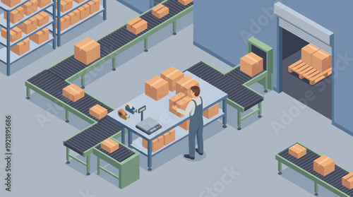 Order fulfillment logistics process isometric packing station flat vector warehouse operations concept