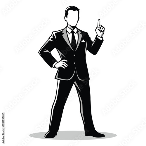A confident businessman in a suit pointing upwards with a serious expression