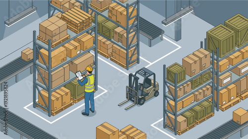 Warehouse inventory management system shelves worker isometric flat vector logistics supply chain concept