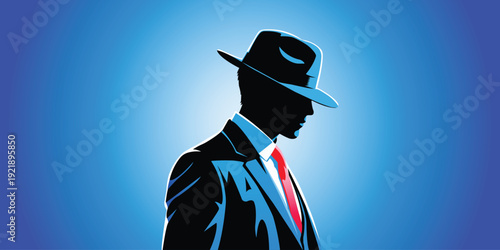 A mysterious man in a suit and hat stands against a blue background