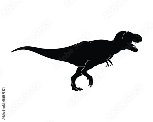 Black Tyrannosaurus Rex silhouette isolated on white background, prehistoric predator dinosaur icon for Jurassic extinct animal wildlife and paleoart design