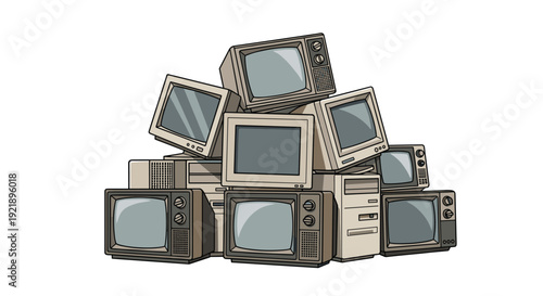 A disorganized stack of outdated vintage desktop computers and bulky old CRT monitors piled together for recycling or disposal.