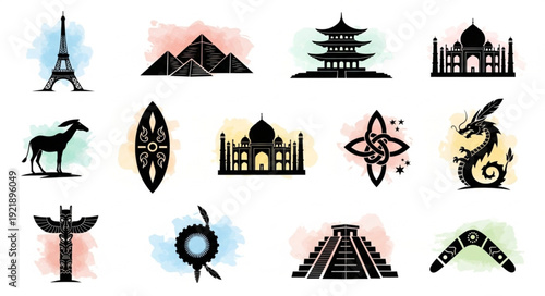 Collection of famous world landmarks and cultural symbols.