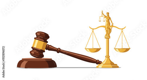 A wooden judge's gavel rests upon its sound block, positioned right next to a golden statue of Lady Justice holding her balanced scales.
