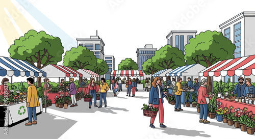Vibrant Farmers Market Scene with Diverse People and Stalls in a Sunny City