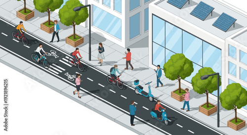 Isometric City Street Scene with People Cycling, Walking and Scooters