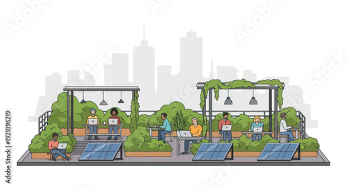 Diverse team working on laptops in a green rooftop co-working space with solar panels and city skyline