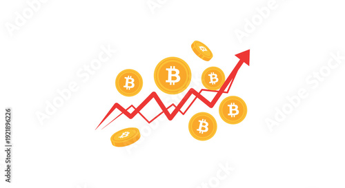 Golden bitcoin coins are depicted flying upwards around a dynamic red line graph showing an increasing trend against a clear white background.