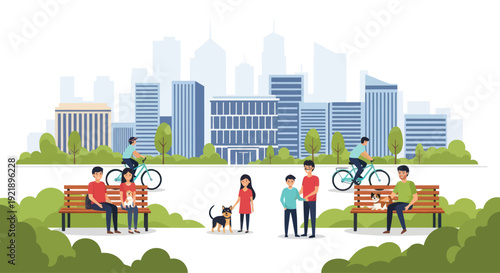 Urban park scene with families and cyclists, city skyline background