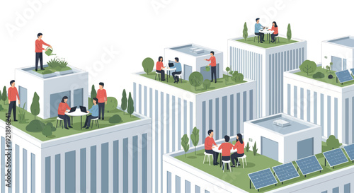 Rooftop gardens and solar panels on modern buildings with people working outdoors.