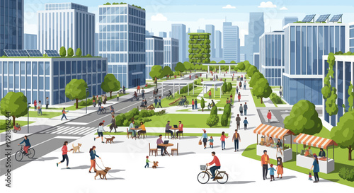 Vibrant eco-city park with people enjoying sustainable urban lifestyle