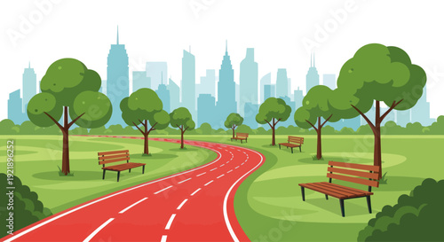 City park with running track, benches, trees, and skyline illustration