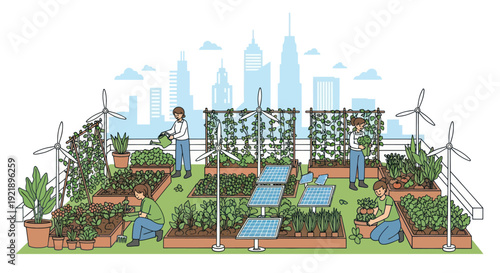 Urban rooftop garden with renewable energy and city skyline