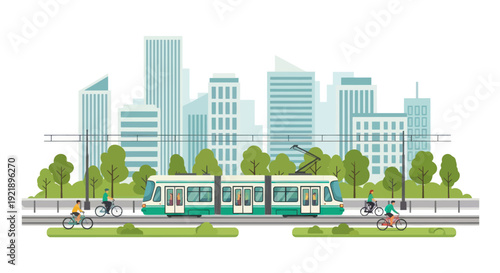 Modern Cityscape with Tram and Cyclists - Sustainable Urban Transport Illustration