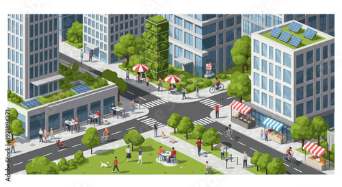 Isometric Eco-Friendly Cityscape with Green Buildings, Solar Panels, and People