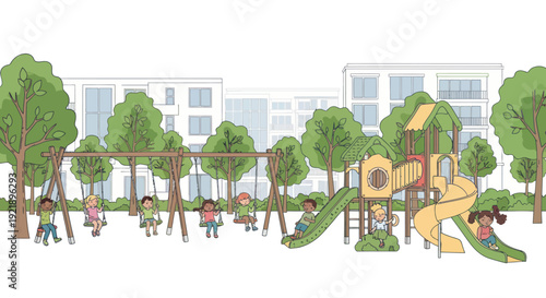 Children Playing on Modern Playground with Apartment Buildings Background