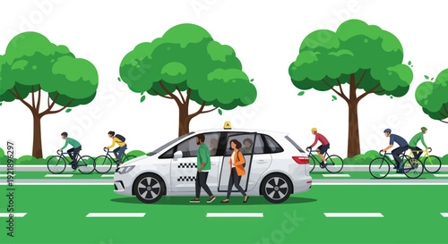 People riding bicycles and getting into a white taxi on a green street with trees.