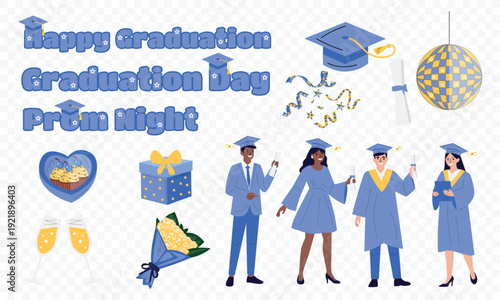 Graduation day celebration element set with students in caps and gowns holding diplomas confetti disco ball gifts flowers and congratulation lettering isolated on white